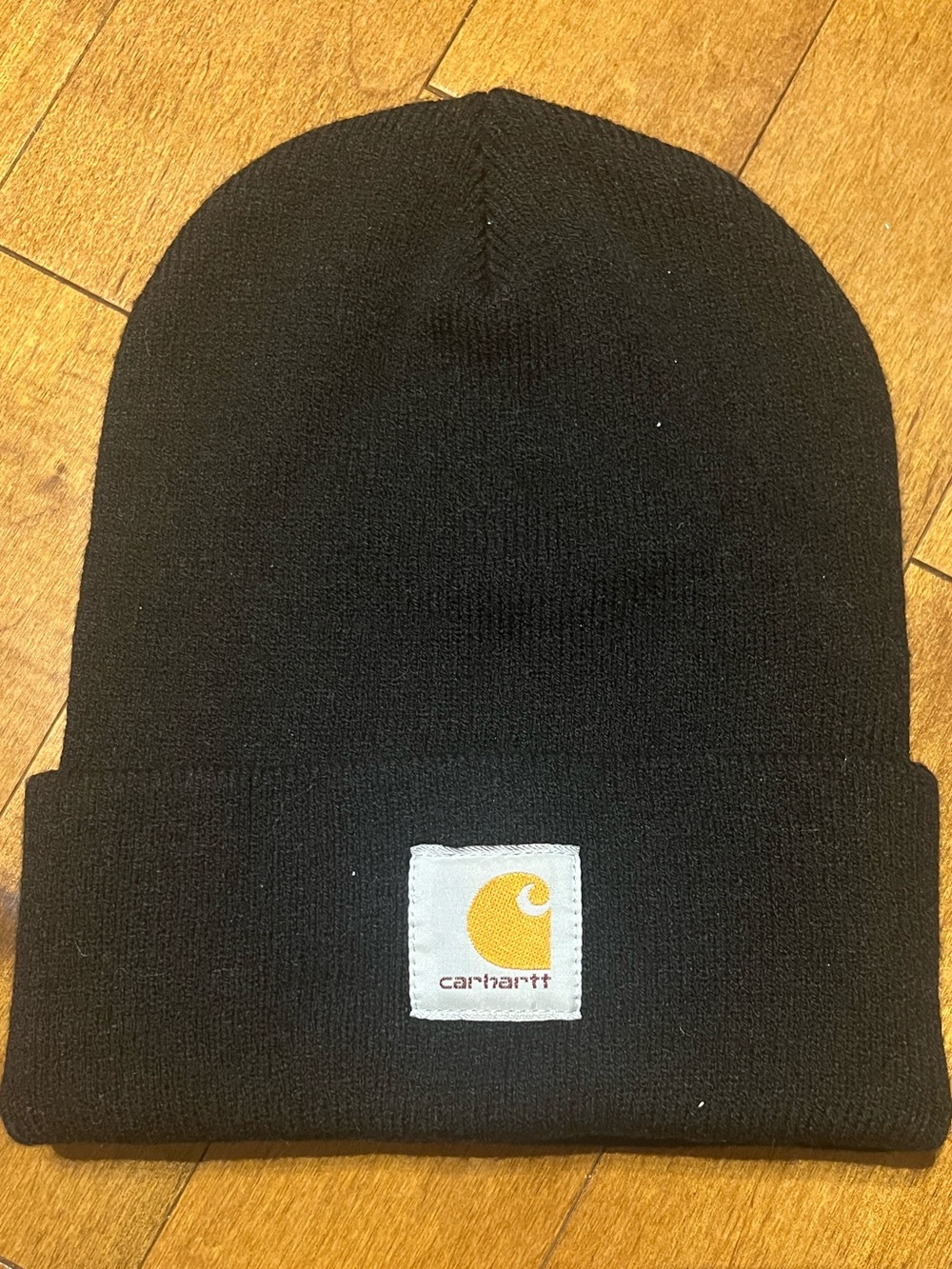 Carhartt Black Knit Beanie Hat Iconic Logo Patch Outdoor  Workwear EUC